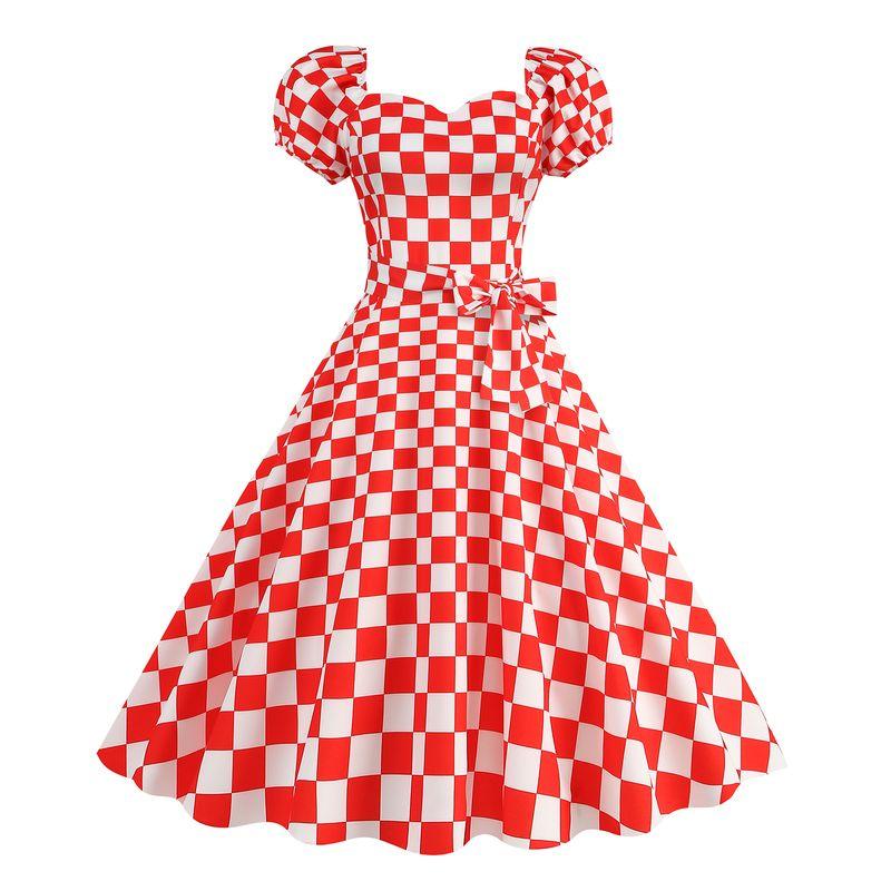 

Retro Hong Kong Style S Sense V Neck Silm Barbie Pink Polka Dot Plaid Short Sleeve Mid-Length Dress Morning Gowns Dance Skirt 9788 2XL