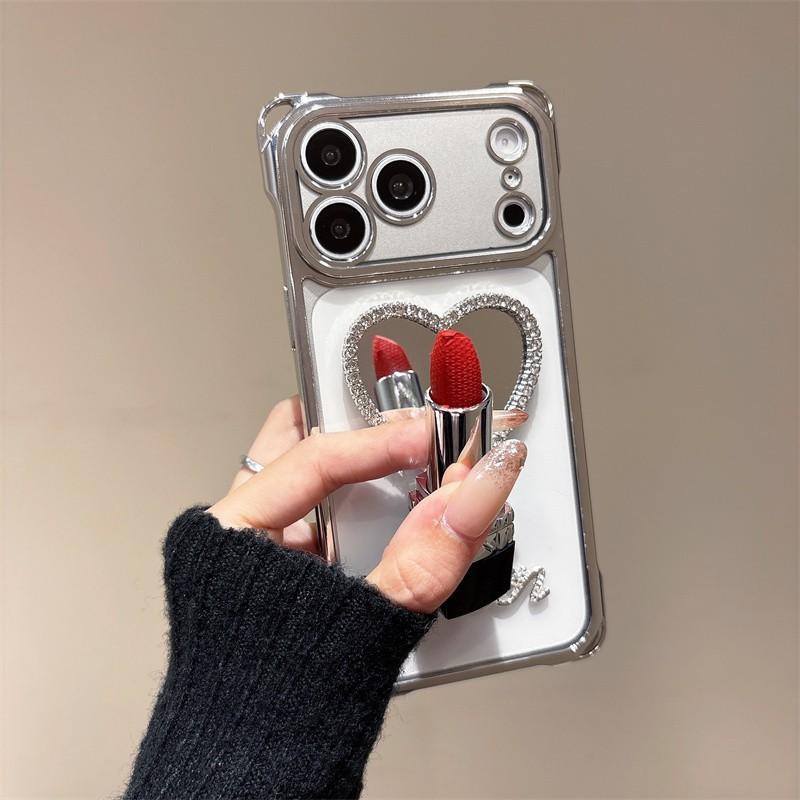 Luxurious Rhinestone Heart Mirror Kickstand Phone Case For iPhone 11 12 13 14 15 16 17 Pro Max 14 15 16 Plus 17Pro Air Y2K Cover