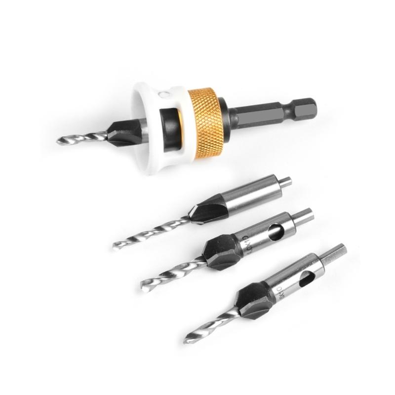 4 Piece 4 Flute Twist Countersink Drill Bits 1/4" Hexagonal Shank Set with Adjustable Depth Stop for Wood Plastic Drill