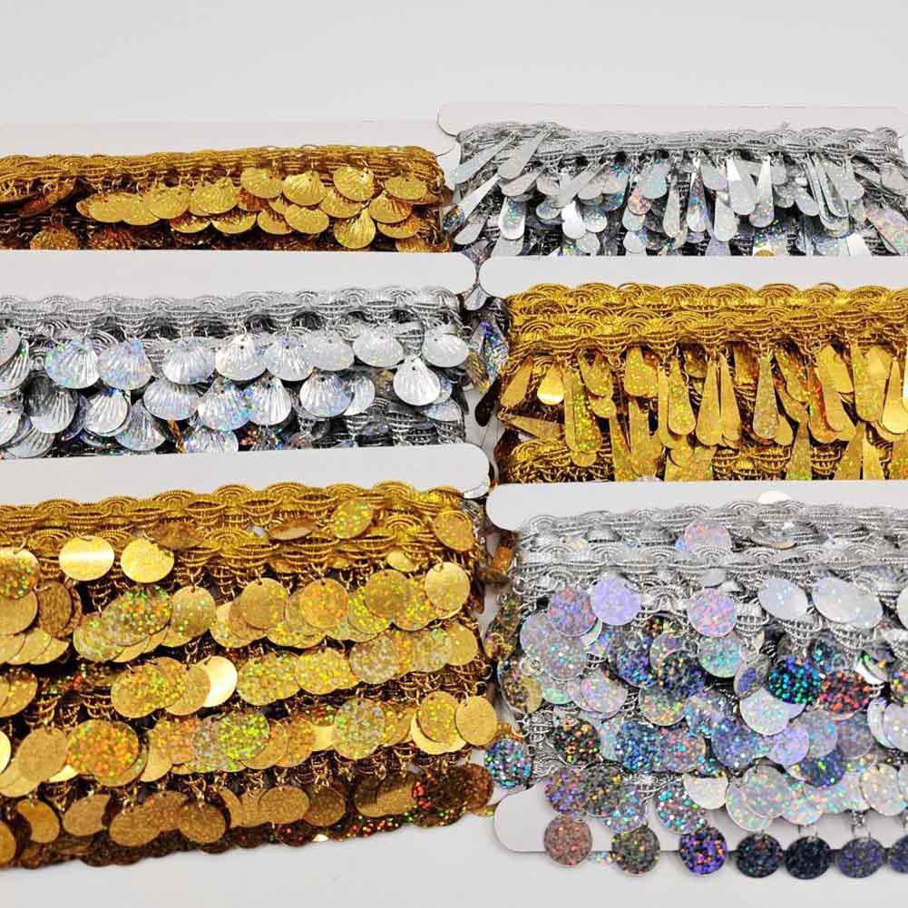 Lucky 10 Yards Rolls High Quality Gold Sequin Fringe Silver Spangle Tassel Fringe Dancing Sequin Beaded Tassel Various Color