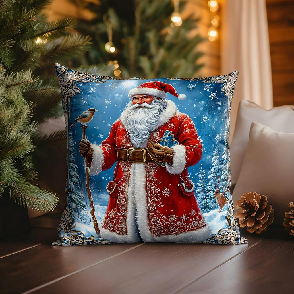 Christmas pillowcase: dreamy patterns of Santa Claus and fairy tale characters, home holiday warm atmosphere