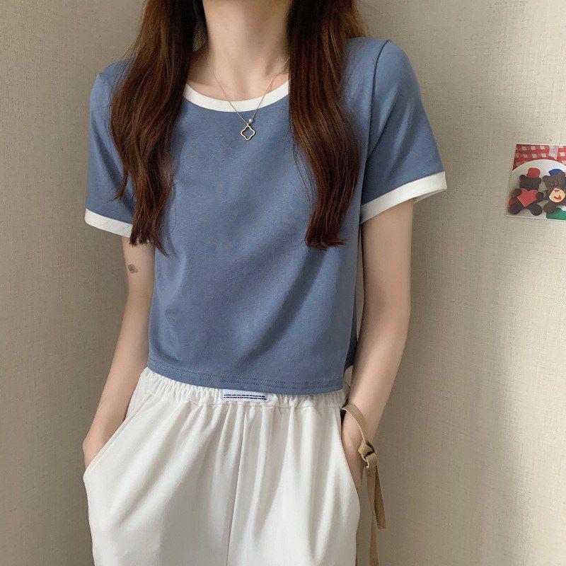 Women's Color Block Round Neck Slim Fit T-shirt - Korean Style Summer Base Layer