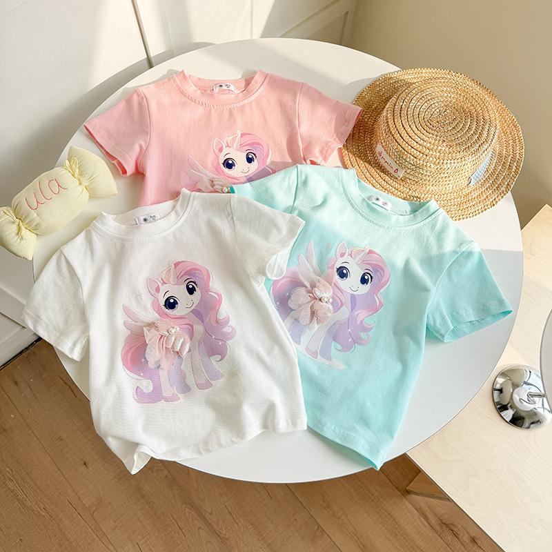 Girls' Casual Cotton Short-sleeved T-shirt, Summer Children's Cute Little Horse Printed T-shirt