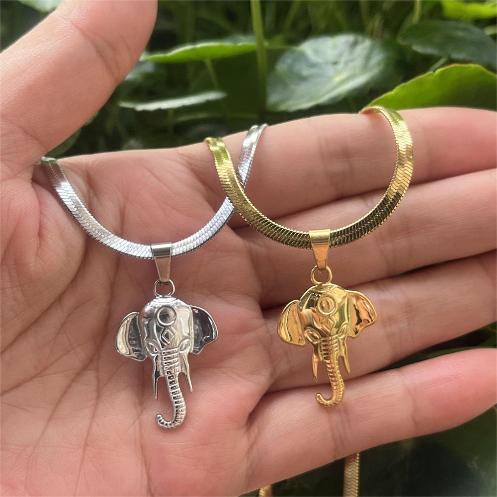 Vintage 316L Stainless Steel 3D Solid Elephant Head Necklace Pendant Women Mens Fashion Cute Animal Blade Chain Choker Jewelry