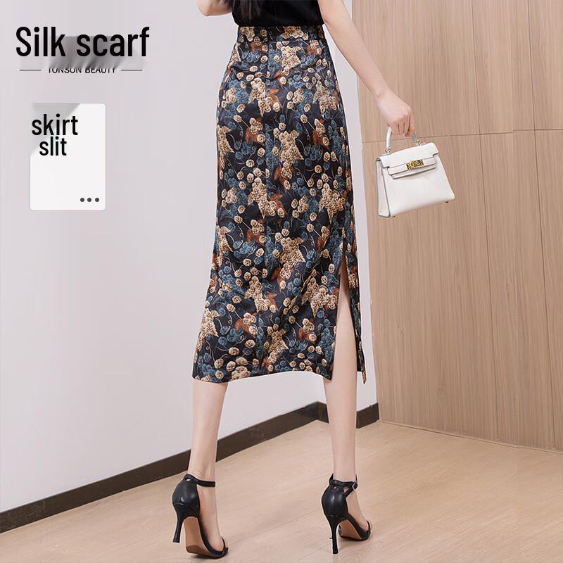 Sibaishe Women s Retro Floral Slit Midi Skirt L