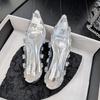 Fashion Crystal Pumps Women's 2025 Summer Banquet Red Bottom Fine Heel Flat Shoes Silver Transparent Water Diamond High Heels Womens