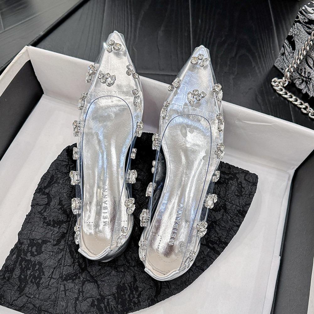 Fashion Crystal Pumps Women's 2025 Summer Banquet Red Bottom Fine Heel Flat Shoes Silver Transparent Water Diamond High Heels Womens