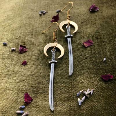 Gothic Crescent Moon Sword Dangle Earrings for Women Witchy Medieval Viking Punk Drop Earrings Alt Aesthetic Halloween Jewelry