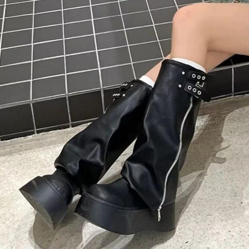 New Ladies Chunky Motorcycle Boots Soft Leather Ankle Mid Calf Boots Autumn High Platform Wedge British Booties Botas Para Mujer