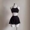 Summer Elegant Suspender Crop Tops Short Skirts 2 Two Piece Set Sleeveless Fashion Casual Sexy Backless Bandage Black Skirt Simple Clothing