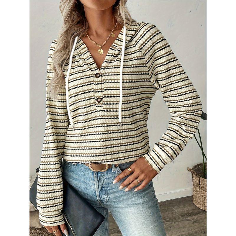 

European and American Style Loose Temperament Plus Size Plus Size Ladies Casual Laid-Back Style Contrast Color Hooded Stripes T-shirt Sweatshirt Apricot color XS