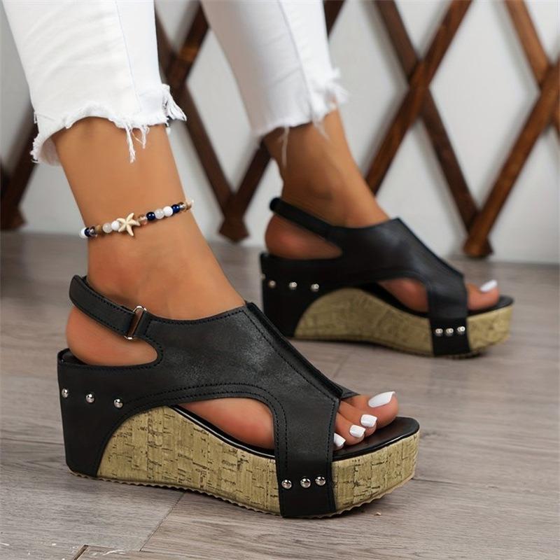 Women Sandals Retro Open Toe Wedges Sandals Fashion Chunky High Heeled Sandals for Women Rivets Gladiator Sandal Sandalias Mujer