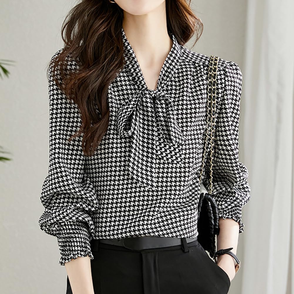 Bidason Hahnentritt Langarm mit und Elegant Ballonärmel Locker Perfekt für Alltag und Winter Damenbluse, Band, Stilvoll, Elegant, Niedlich, Ärmel,