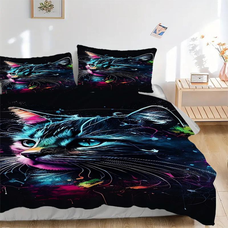 3pcs Colorful Cat Printed Duvet Cover Set (1 * Cover+2 * Pillowcase, Without Core), Suitable for Home Bedroom, Guest Room, Dormitory Decoration I