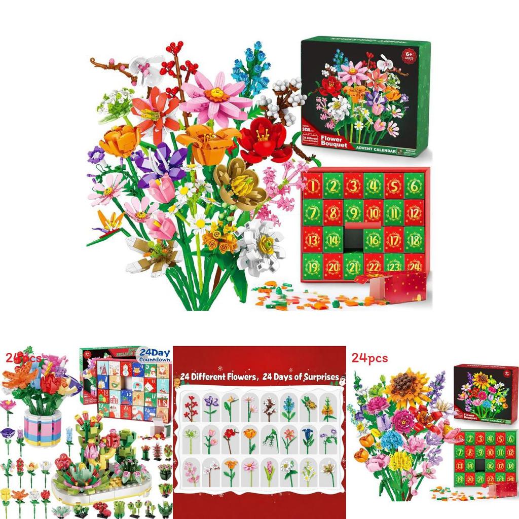 Bloemenboeket Kerstkalender met aftelfunctie en bouwstenen in een verrassingsdoos voor knutselprojecten en als kerstcadeau.