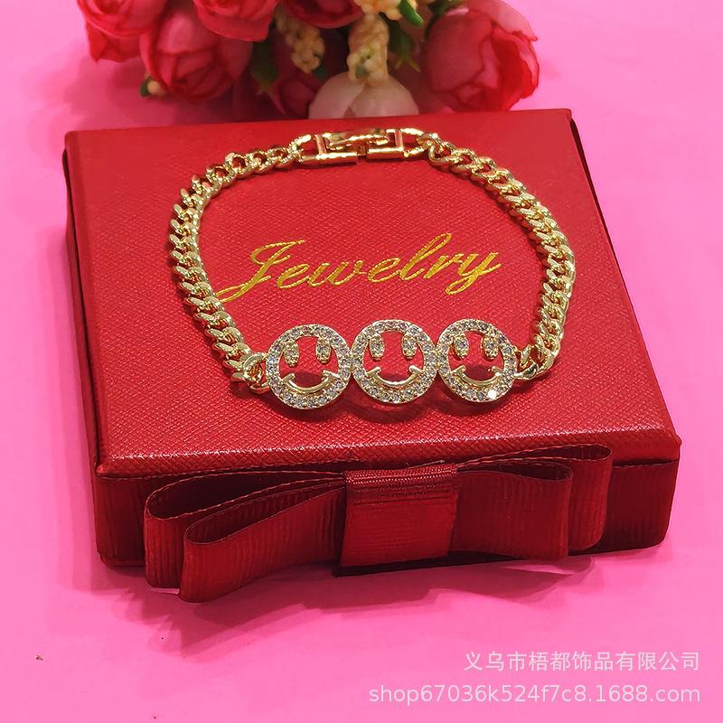 Smiley Face Zircon Bracelet, Gold-Plated Copper Cuban Chain Copper