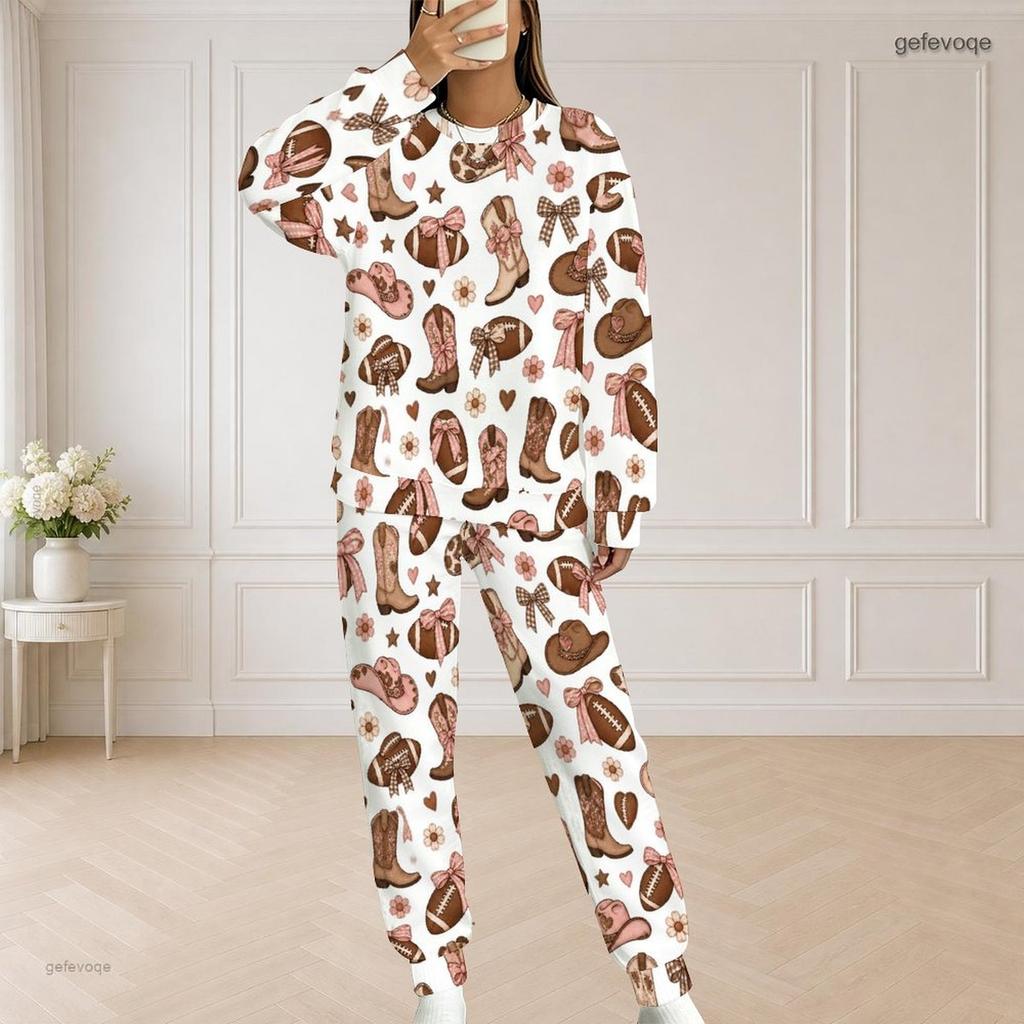Women Plus Size Printed Two Piece Set Round Neck Long Sleeve Top And Long Pants