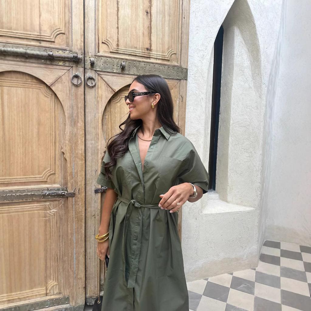 Women's Shirt Collar Short Sleeve Loose Fit Waist Tie Solid Color Shirt Dress