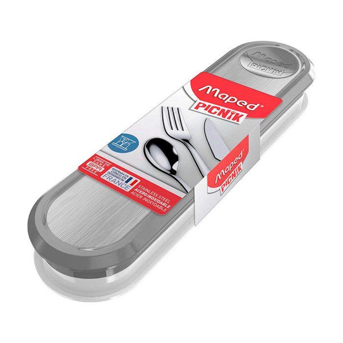 Couverts transportables - Cuillère - Fourchette - Couteau - Inox - Boîte grise - Maped