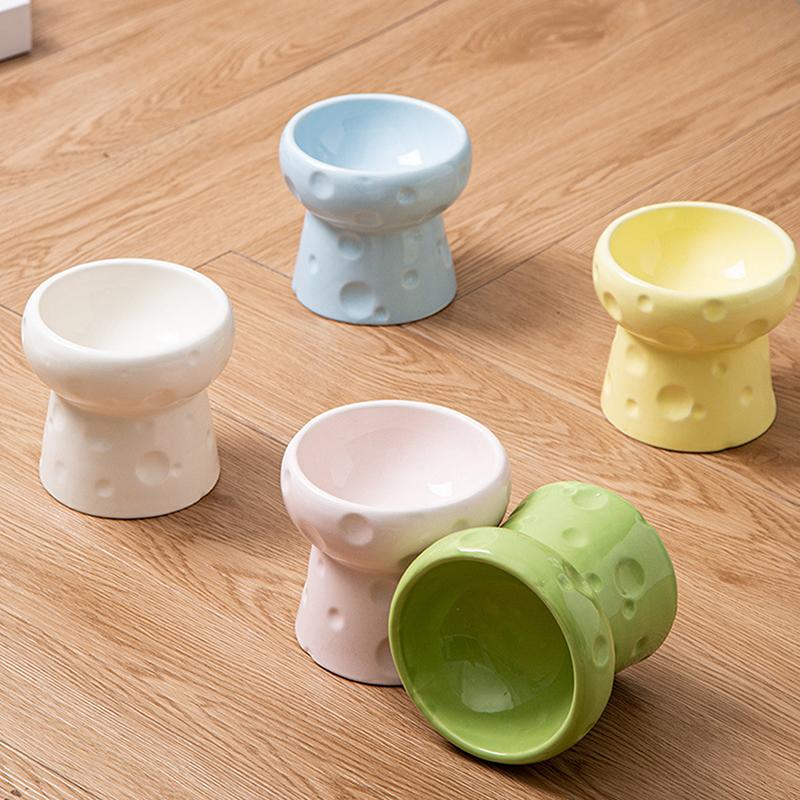 Ceramics Cat Bowl With Cheese Design Cat Food Bowl Water Plate Snack Dish Large Caliber Anti-Tip With Stand For Neck Protection