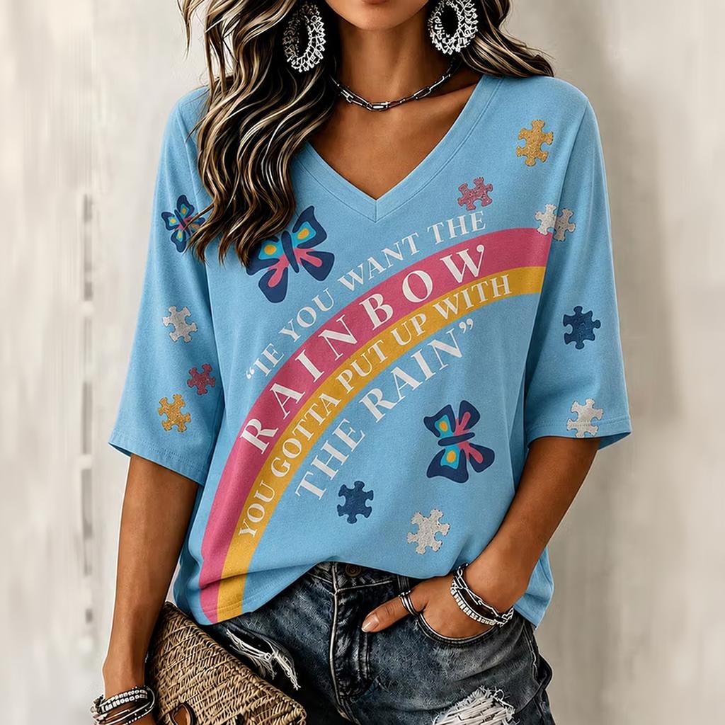 Women's V-Neck Three-Quarter Sleeve Printed Blouse Casual Top for Everyday Wear