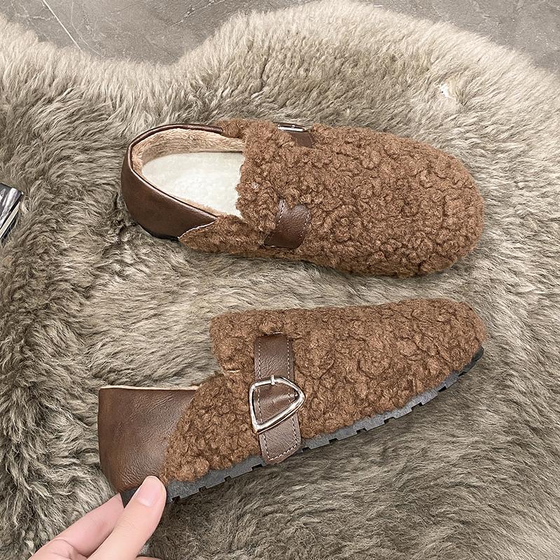 Soft Elegant Women Shoes Female Footwear Loafers Fur Fall Winter Mary Janes Rome Fabric Flat Basic Flock Luxury Shoes Women