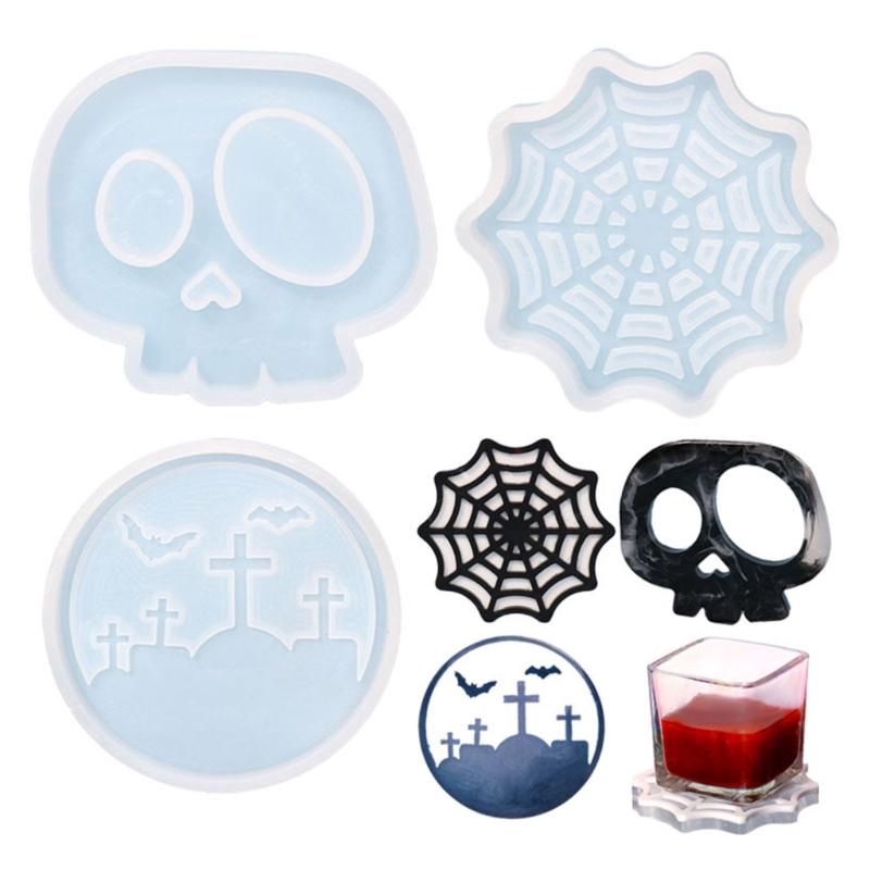 Diy Homemade Mold Coffee Coaster Cobweb Skull Graveyard for Creative Silicone Mold Crystal Placemat Mold for Diy Craft
