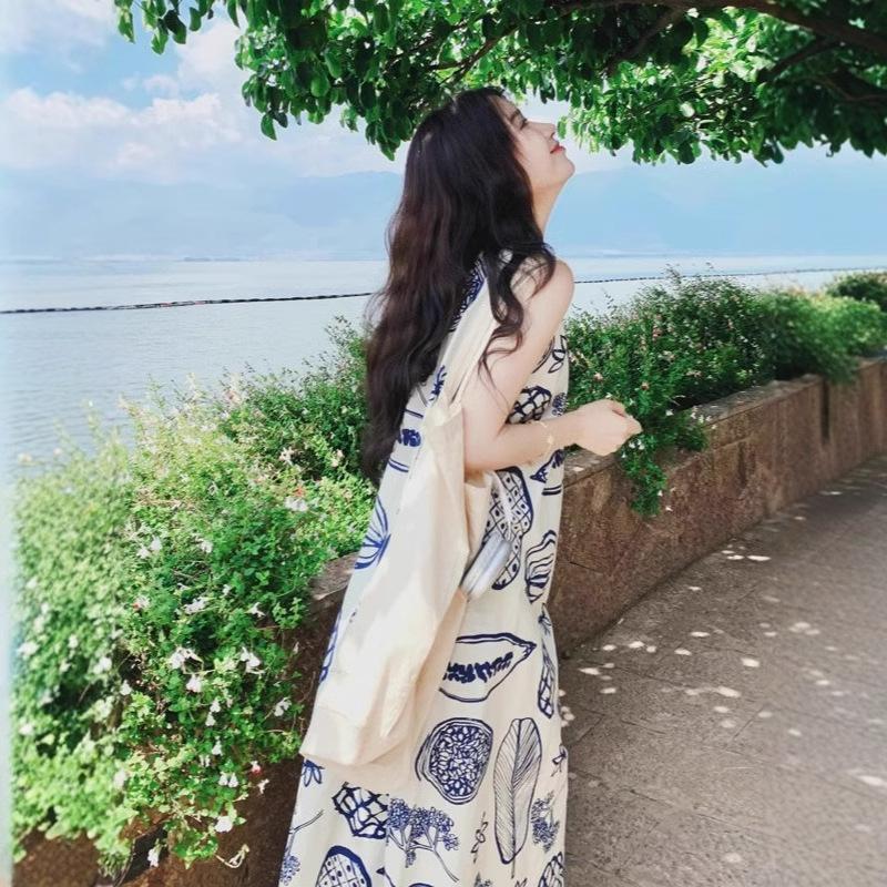 Light-fashioned Seaside Vacation and Casual Literary Style Printed Long Skirt for Women In Summer New Gentle Temperament Sleeveless Dress