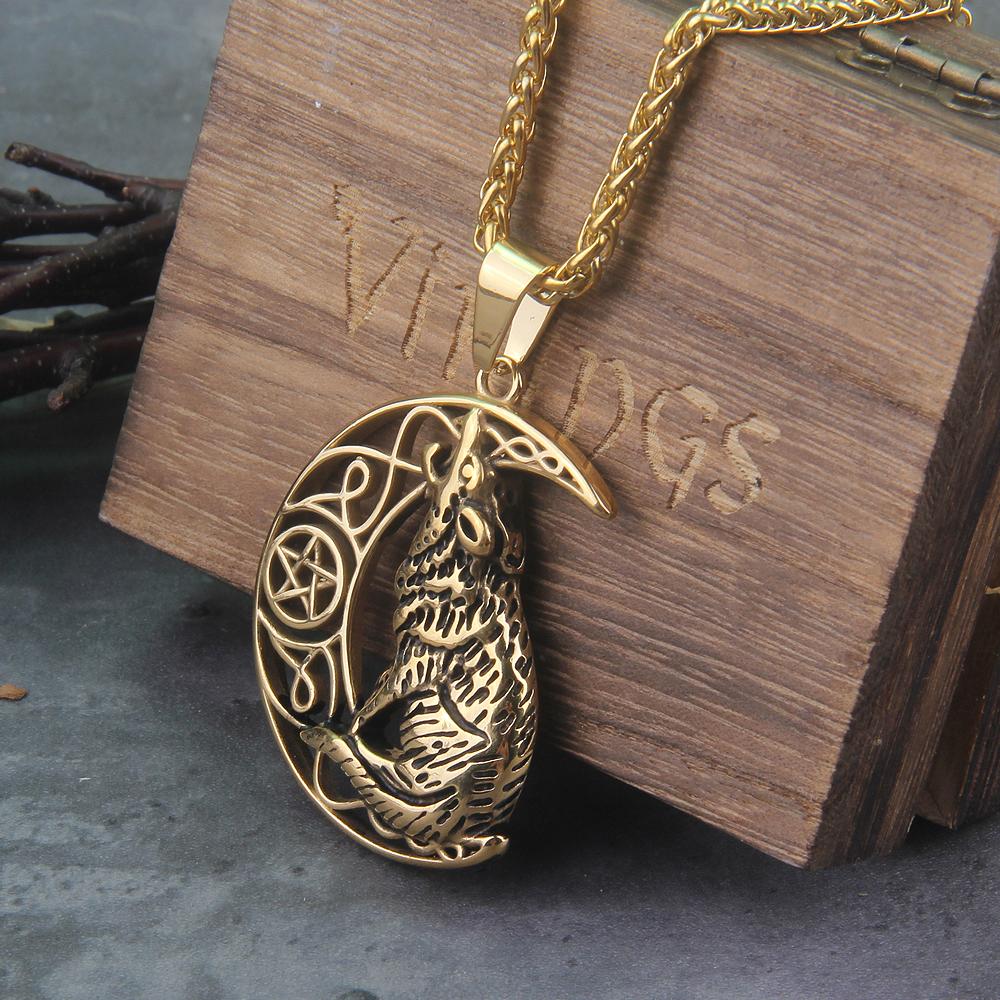 Stainless Steel Nordic Vikings Pendant Necklace Norse Wolf Head Amulet Animal Jewelry Gift with Wooden Box