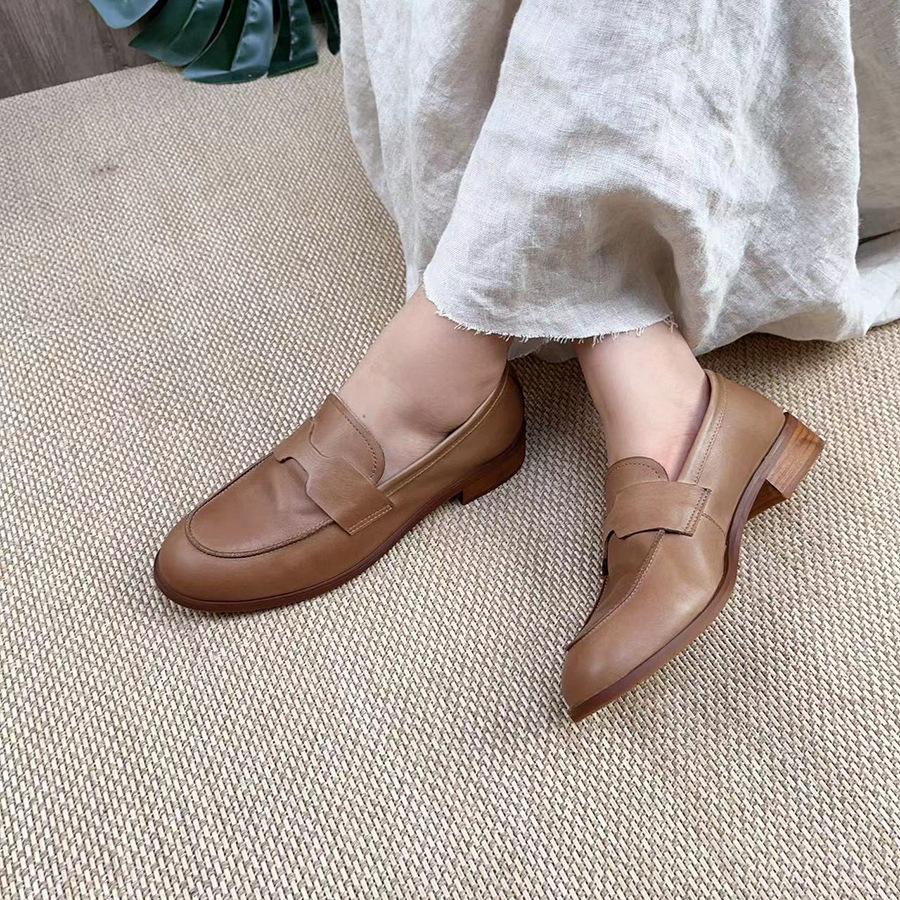 Johnature Retro Echtes Leder Niedrigen Absatz Pumps Frauen Schuhe Runde Zehe Flache Volltonfarbe Bequeme Halbschuhe