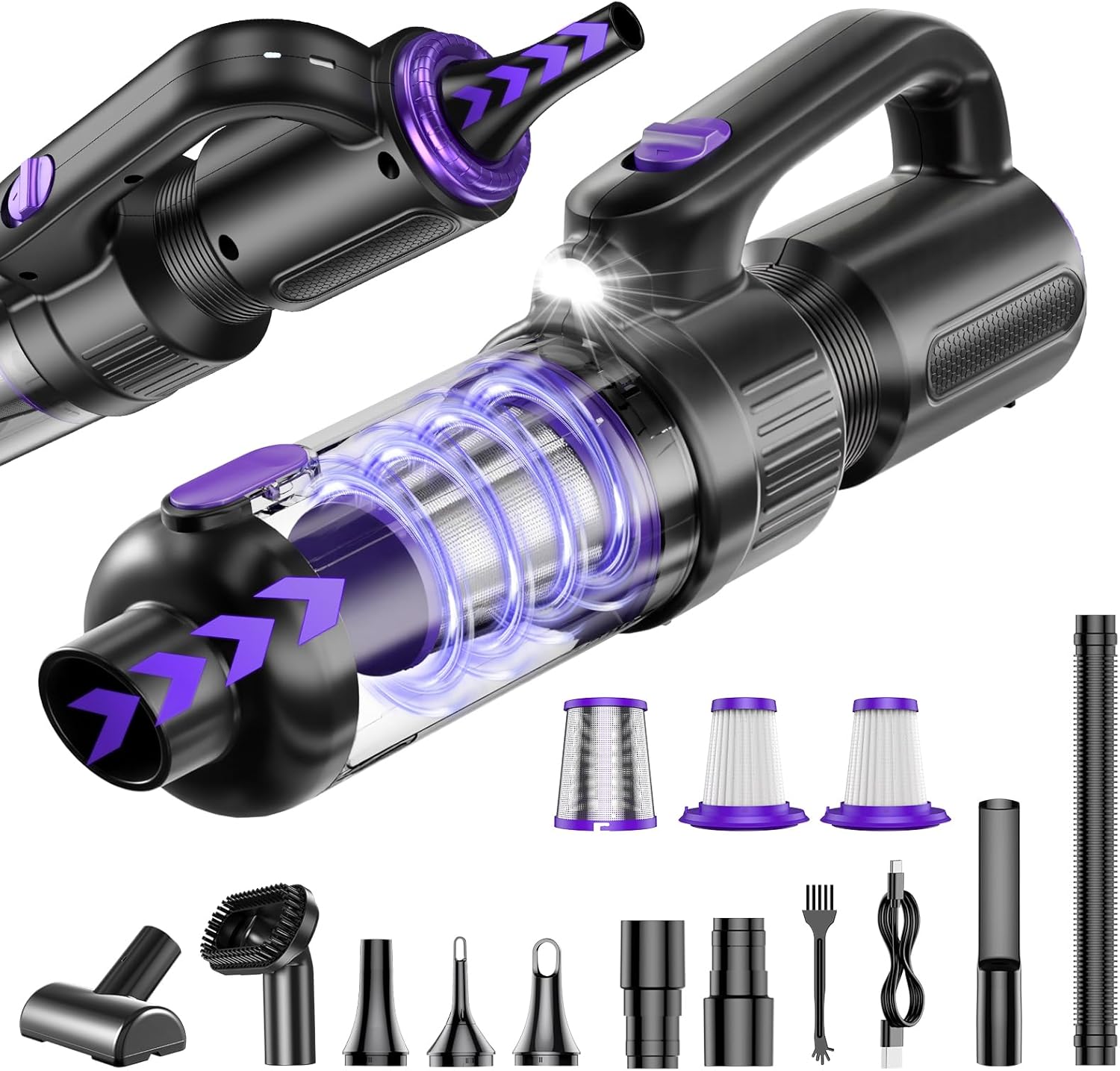 

Portable Cordless Car Vacuum 20000Pa, 130W Brushless Motor with LED Light & 7800mAh Battery, Multi-Nozzles for Car, Home, Office матовий чорний колір