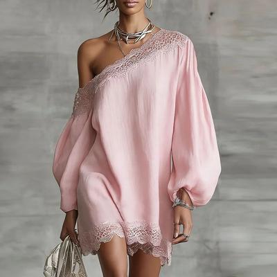 Rochie Mini Elegantă cu Dantelă pentru Femei Decolteu Bardot Mâneci Lungi Bufante Modă Rochii Scurte pentru Seară și Întâlniri Vestidos