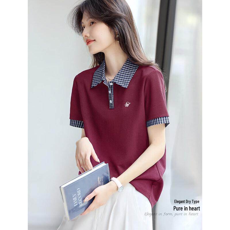 XWI Women s Patchwork Plaid Embroidered Polo T-Shirt S
