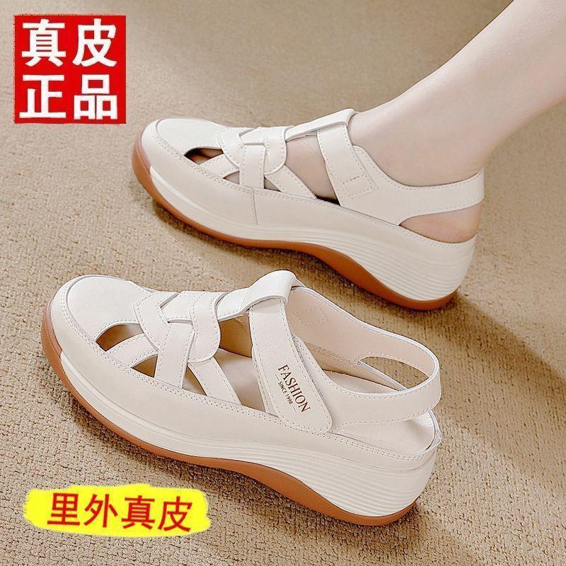 

New slope heel sandals women s bag head hollowed out 2025 summer breathable women s thick-soled outer wear Velcro women s hole shoes 40