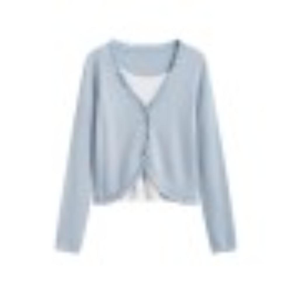 

A New Style of Women s Spring and Autumn Simple Base Layer Sweater with Black Ear Trim, Featuring A Patchwork Fake Two-piece Knitted Sweater one size светло-синий