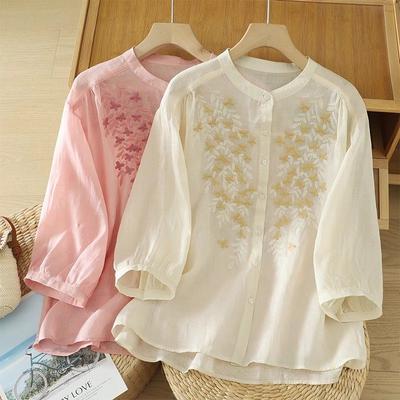 Women Oversized Summer Vintage Ethnic Shirts Cotton Linen Embroidery Loose Casual Tops Plus Size Clothing