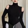 Turtleneck Off Shoulder Long Sleeve T-shirt Women's Thin Velvet Slim Bottom Shirt Spring and Autumn Korean Style Hollow Out Tops