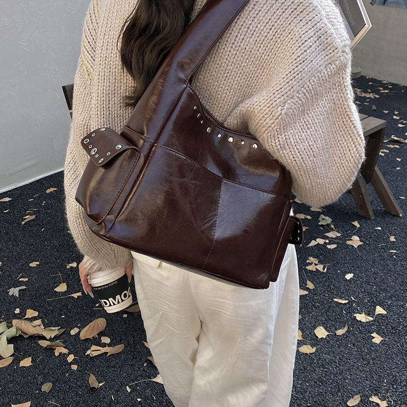 PU Hobo Bag Women's Fashion Shoulder Tote with Stud Detail Multiple Pockets Casual Everyday Handbag