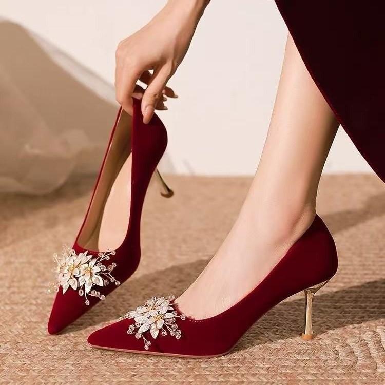 Classic Leisure Pumps for Women Slip on Thin High Heels Pointed Toe Wedding Women Shoes Crystal Bling Flower Summer Shoes