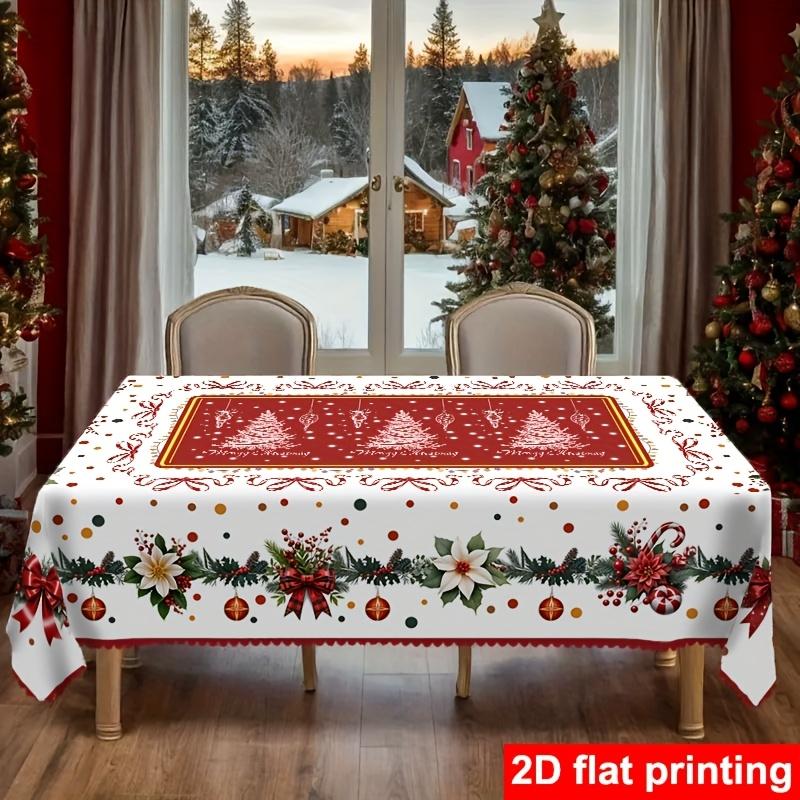 Tablecloth with Embossed Edges , Featuring a Merry Christmas Theme for Parties, Adorned with a Buffalo Check Bow, Poinsettias, Christmas Trees