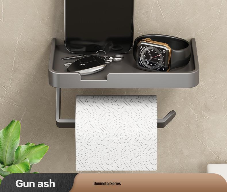 Gun Gray Toilet Tissue Holder & Mobile Phone Shelf | Punch-Free Wall-Mounted Bathroom Organizer