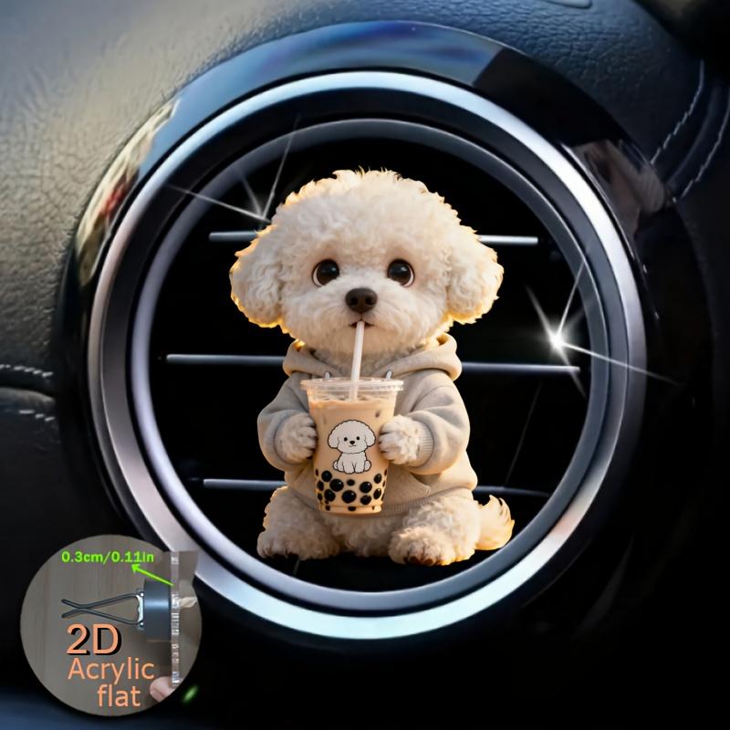 2pcs Bichon Frise Drinking Milk Tea Air Vent Clip Decoration, "fragrance-free", with Double Odorless Sponge Pads, "fragrance Diffuser"