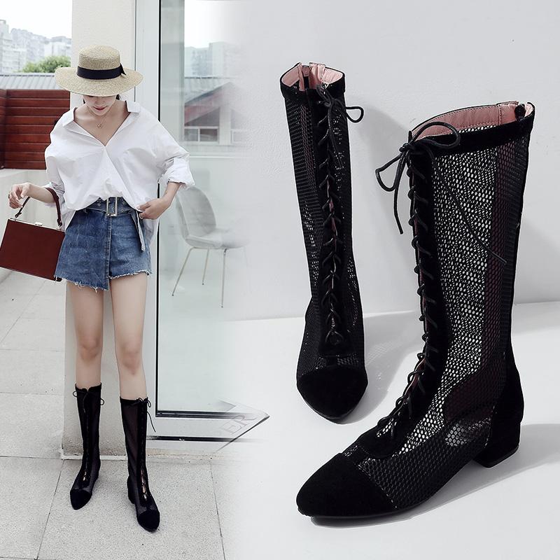 Damen Niedrigabsatz Netzstiefel Frühling und Sommer Neue Dickabsatz Netzstiefel Sexy Vielseitig Große Größe Kerl Coole Stiefel