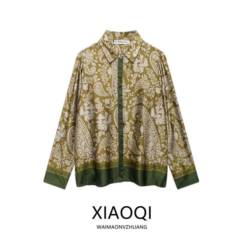 Fashion Style 2024 Fall and Winter New Women's Clothing Temperament Printed Silk Satin Texture Long Sleeves Lapel Shirt 8956192