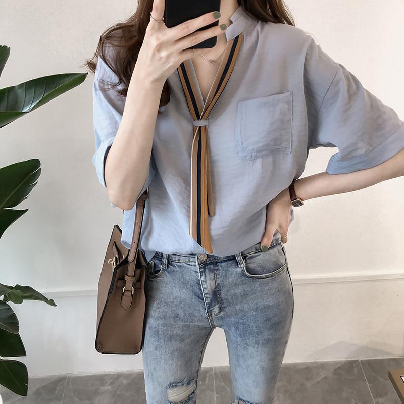 Summer Women's Striped Tie Shirt Women's Short Sleeve Top Loose and Versatile Half Sleeve Shirt