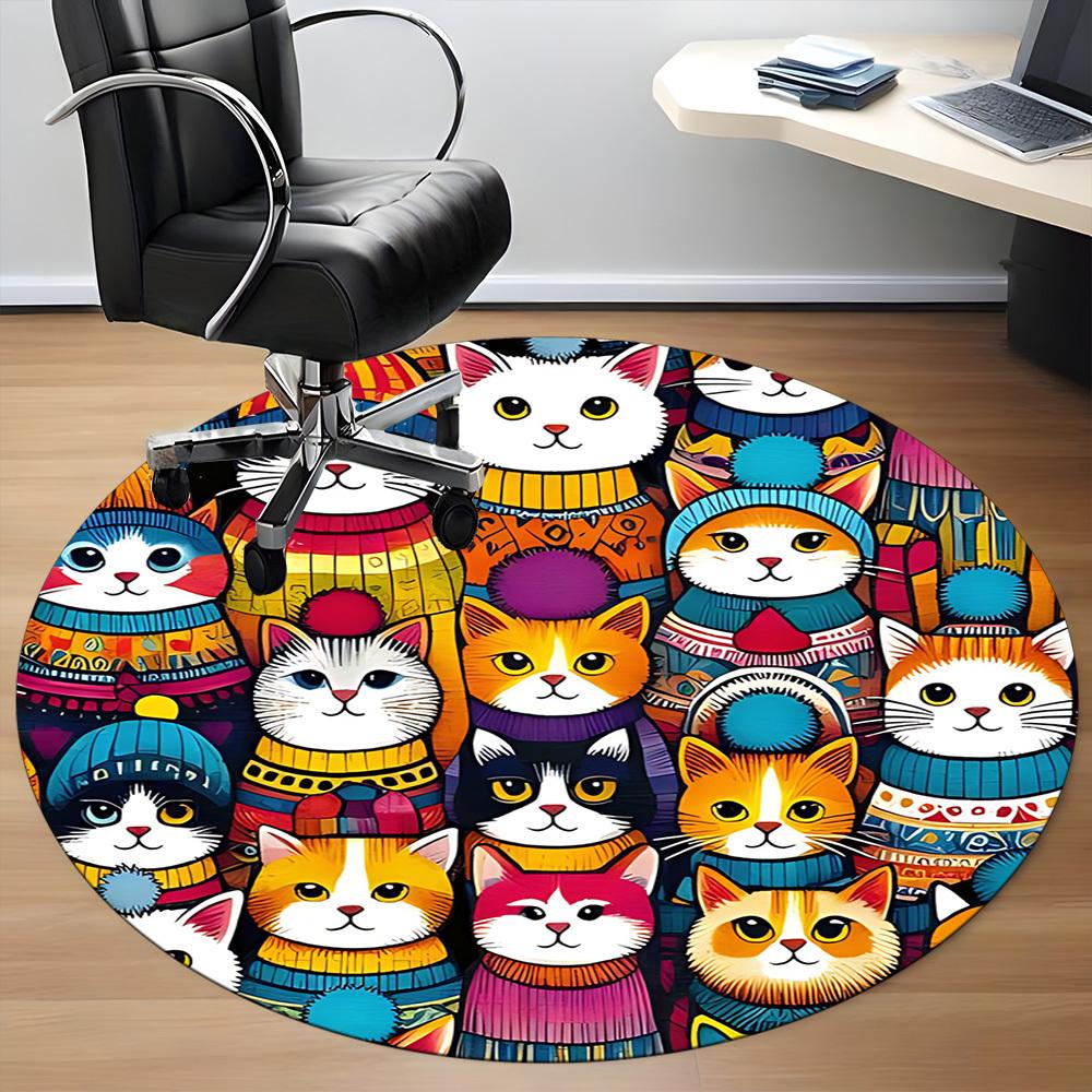 1pc Cat Winter Office Round Area Rug, Mat Suitable For Office, Under Office Chairs Bedroom Living Room Home Decor, Room Deco