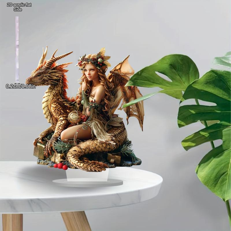 2D Flat, Magic Dragon and Elves Desktop Decoration, with Base, Suitable for wall decoration, porch, room, villa, accents Home, Hallway, or Workplace -