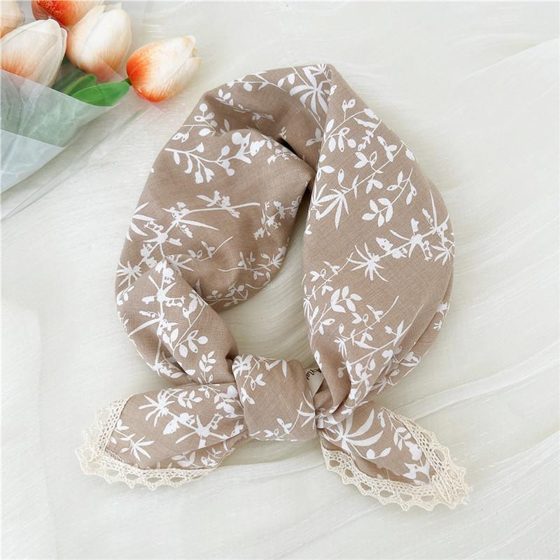 Cotton Linen Lace Edge Square Scarves 60cm Kerchief Neckerchief Bandanas Women Casual Neck Scarf Plaid Print Geometric Pattern