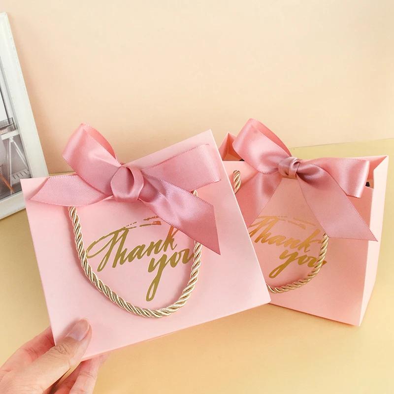 20/30/50pcs Thank You Gift Bags Reusable Paper Party Bags with Handles Gold Bow Ribbon Mini Pink Party Favor Bags for Birthday