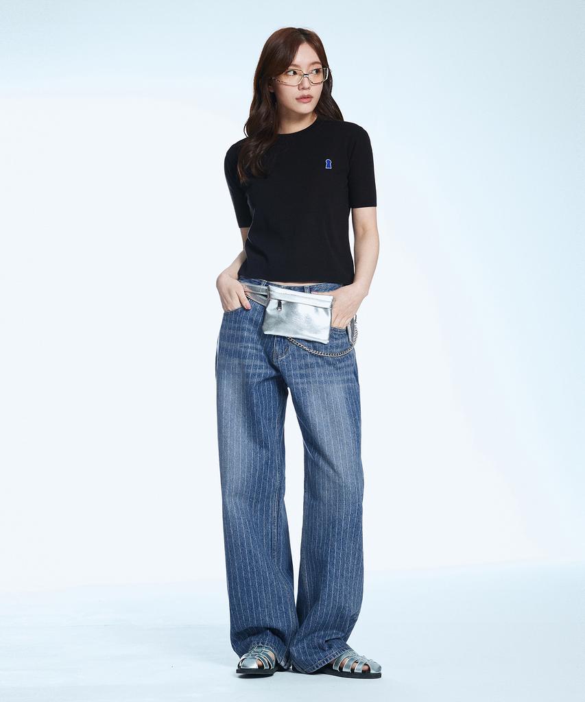 Sekeonmonollogeu Keyhole Round Short Sleeve Summer Knit Black Sekt006Black